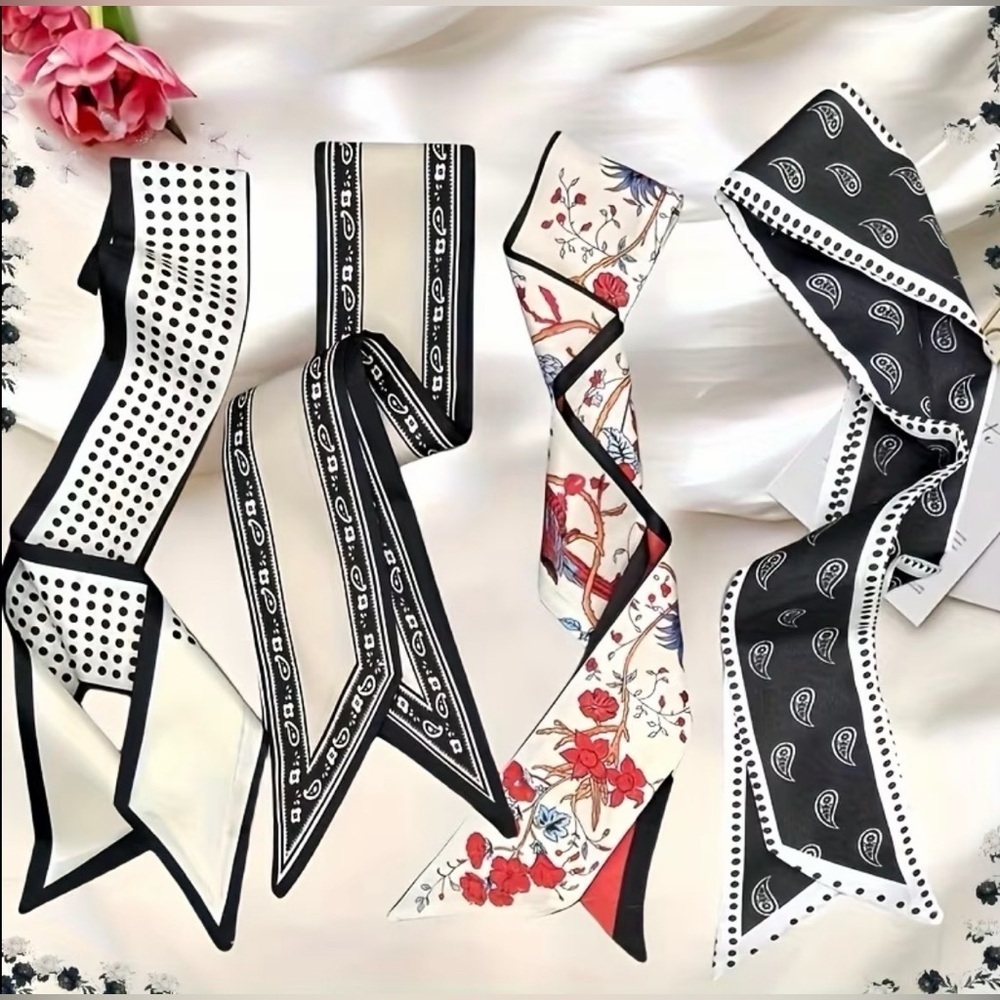 Set of 4 Black White & Floral Twilly Scarves | Silk Feel Skinny Scarf | Bag
